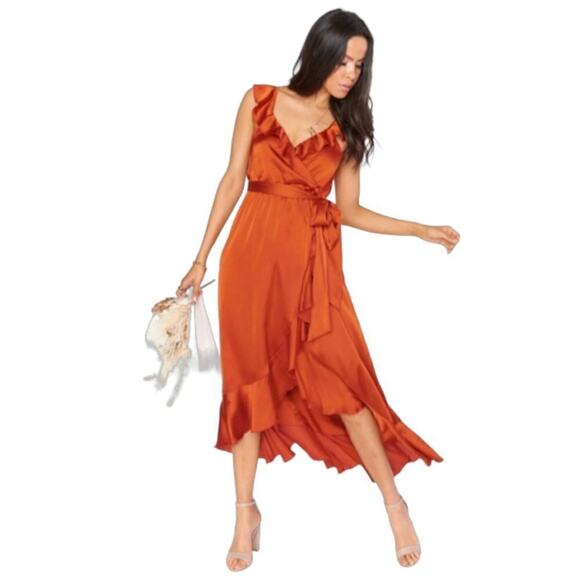 Show Me Your Mumu Burnt Orange Luxe Satin Samantha Ruffle Wrap Dress Size S - Picture 1 of 6